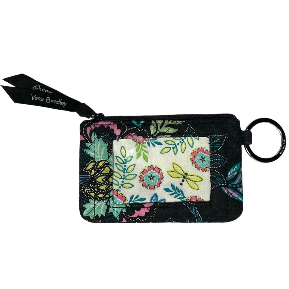 Vera Bradley Zip ID Case Wallet Key Ring Black Floral Quilted 5" EUC